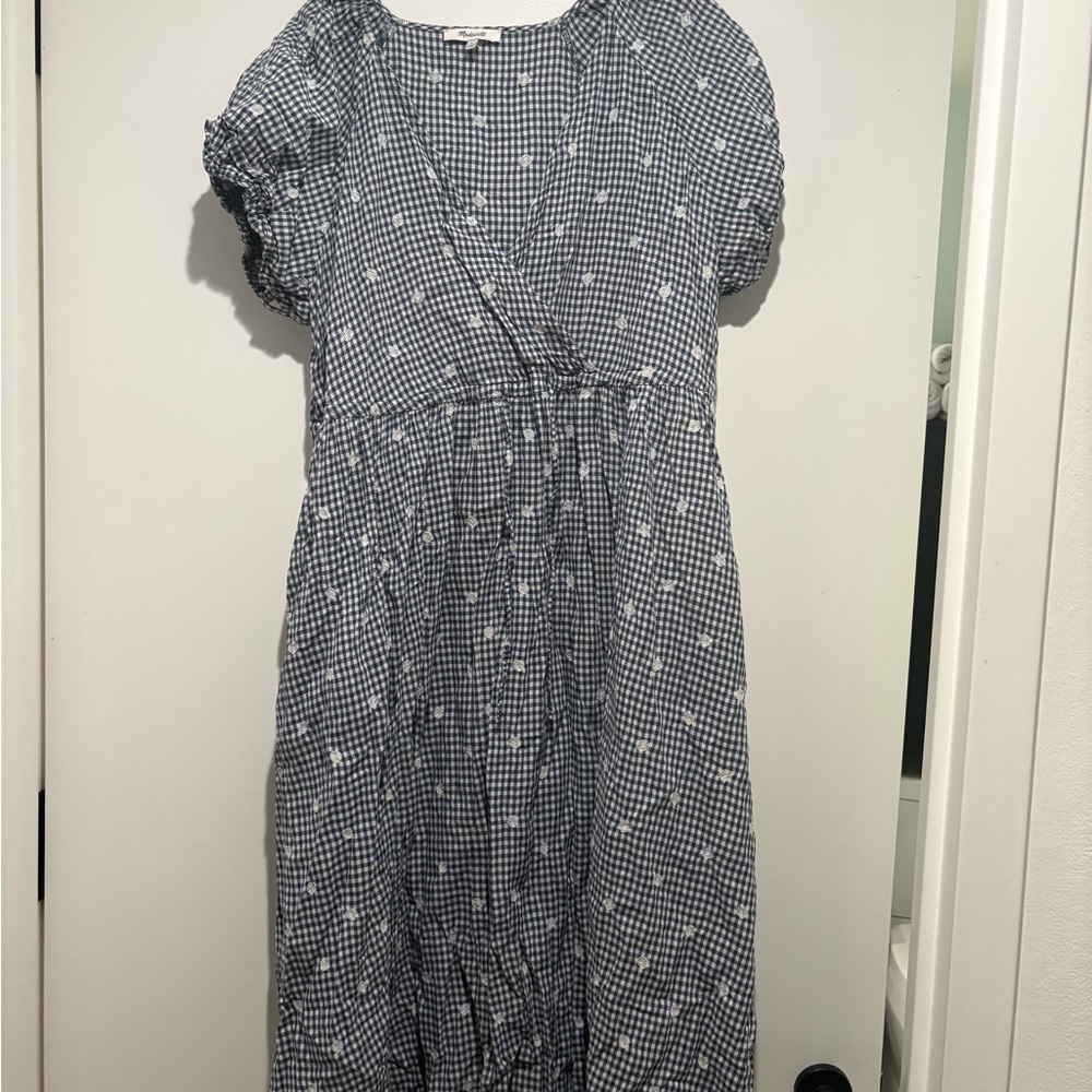 Blue Gingham Dress with White Pattern